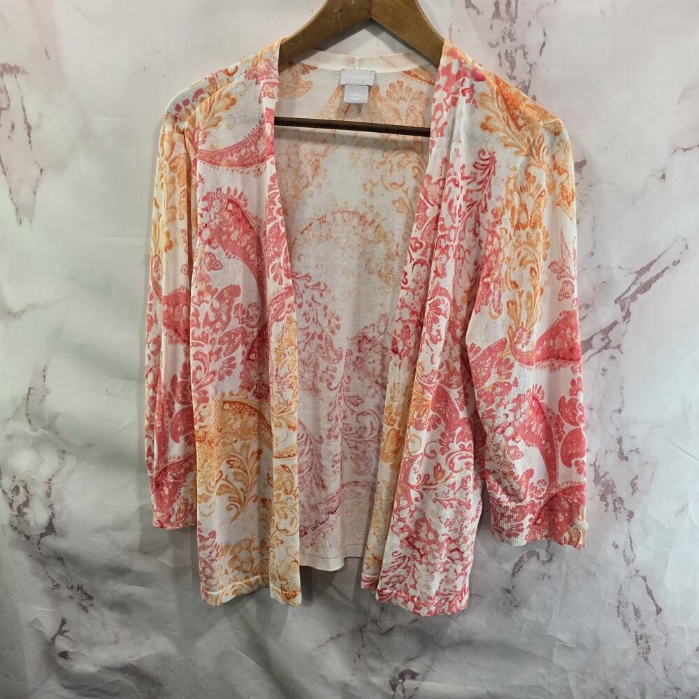 Chicos Cardigan Womens Large 2 Pink White Orange Sweater Lightweight